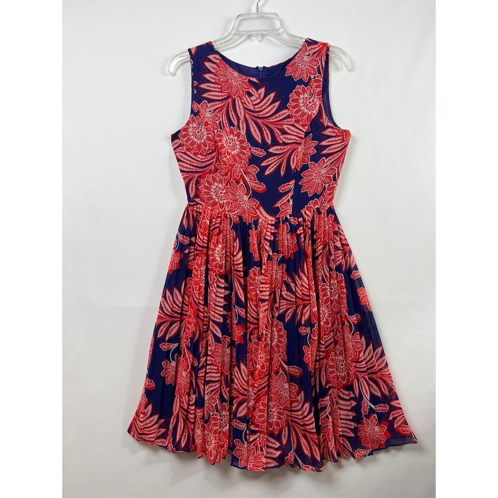 Adrianna Papell Dress Womens 6 Blue Red Floral Chiffon Fit Flare Sleeveless Knee